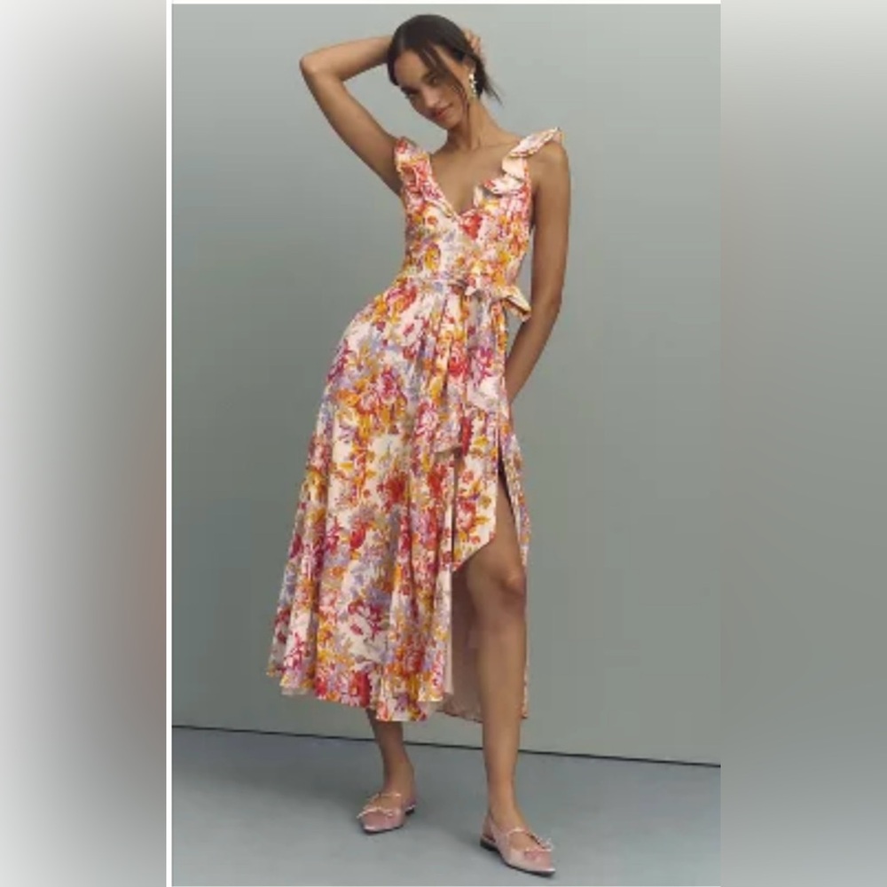 BHLDN Multicolor Floral High Low Dress